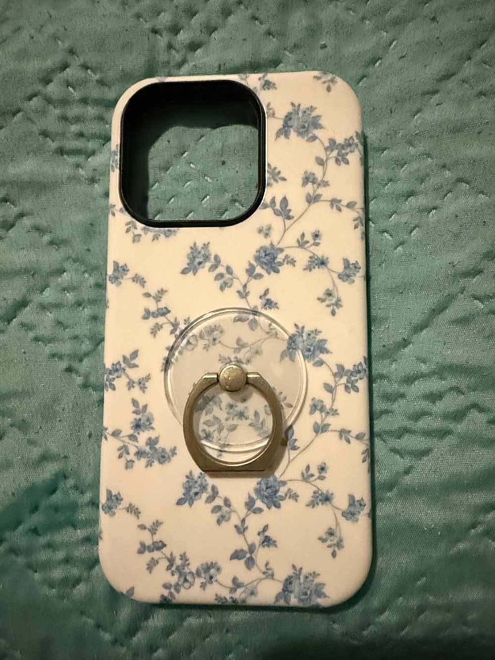 SHEIN White iPhone 16 pro Phone Case with Blue Floral Print and Gold Ring Holder